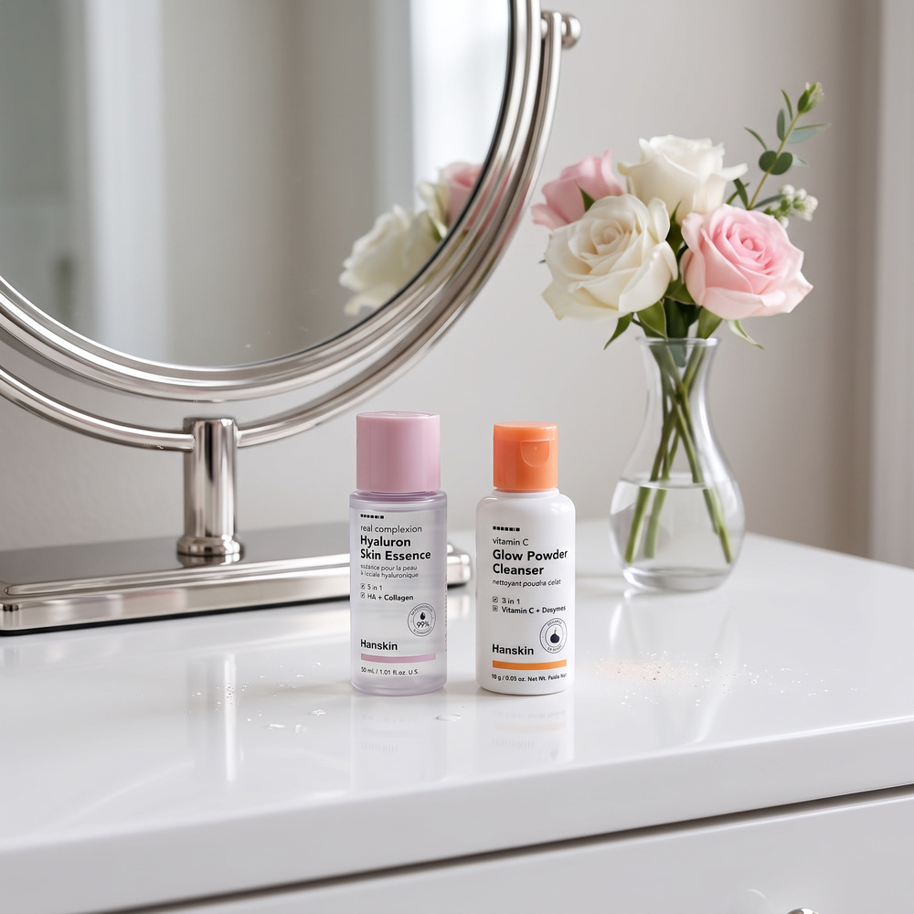 Hanskin Hyaluron Skin Essence Vitamin C Glow Powder Cleanser Travel Duo